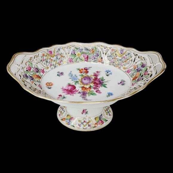 Dresden Schumann Bavaria Candy Fruit Footed Pedestal Oval Floral Bowl Compote - Picture 1 of 16